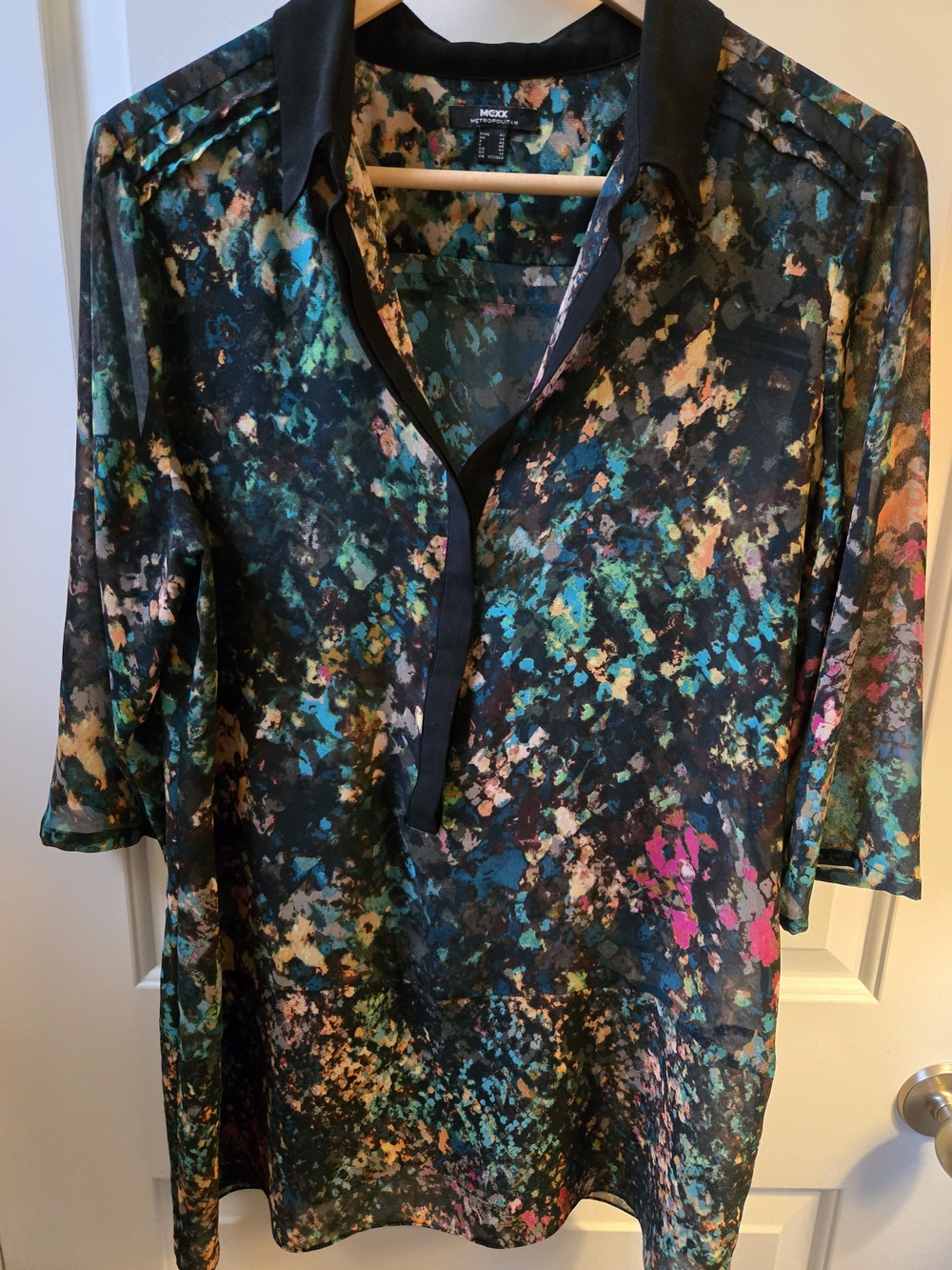 Mexx Sheer Abstract Print Tunic - Black with Teal, Pink & Gold Accents